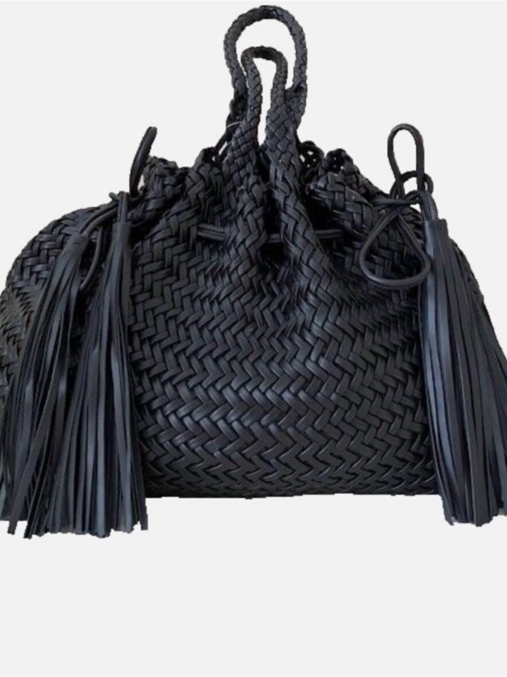 Black Woven Fringe Drawstring Shoulder Bag - Women Bags